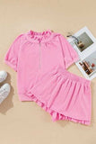 Half Zip Puff Sleeve Top and Ruffled Shorts Set - Trendsi - Flyclothing LLC