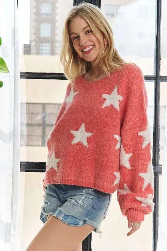 ADORA Full Size Star Contrast Round Neck Sweater Plus Size - Trendsi - Flyclothing LLC