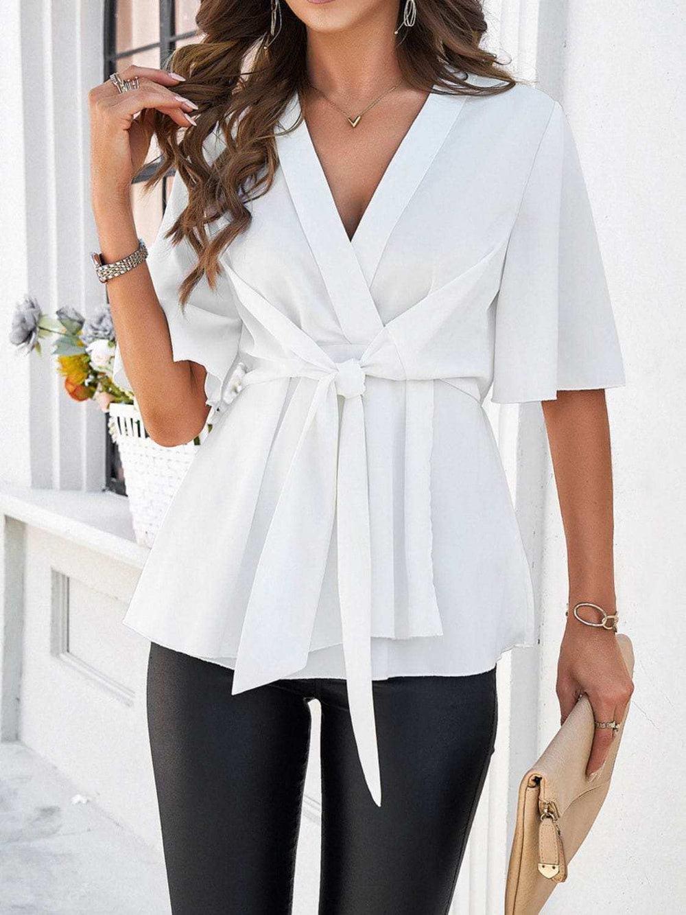 Devine Tied Front Peplum Blouse - Trendsi - Flyclothing LLC