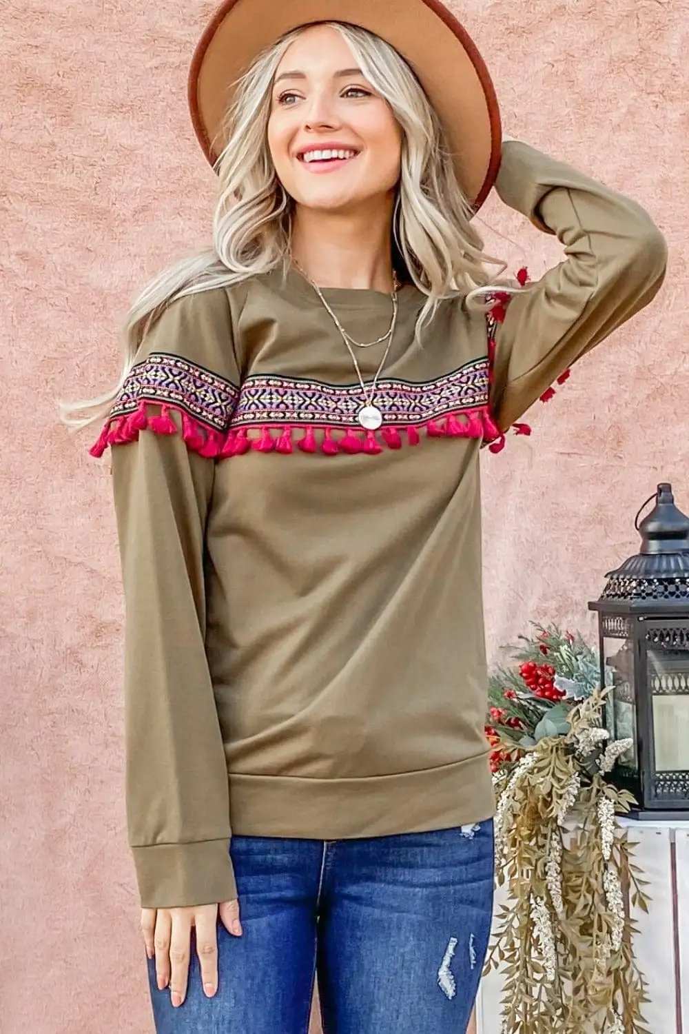 And The Why Ethnic Ribbon Tassel Trim Top - Trendsi - Flyclothing LLC