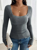 Devine Lace Detail Square Neck Long Sleeve T-Shirt - Trendsi - Flyclothing LLC