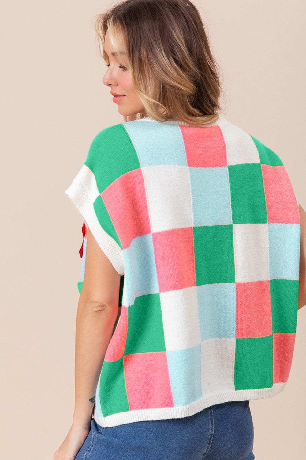 BiBi Flower Patch Checkered Sweater Vest - Trendsi - Flyclothing LLC
