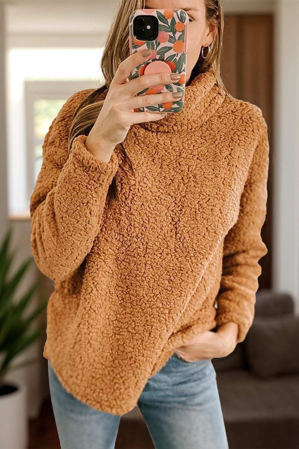 Fuzzy Turtleneck Long Sleeve Sweatshirt - Trendsi - Flyclothing LLC