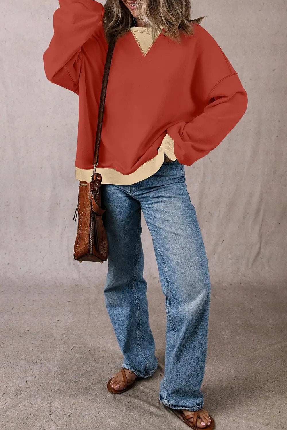 Contrast Round Neck Long Sleeve Sweatshirt - Trendsi - Flyclothing LLC