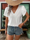 Eyelet V-Neck Petal Sleeve Blouse - Trendsi - Flyclothing LLC