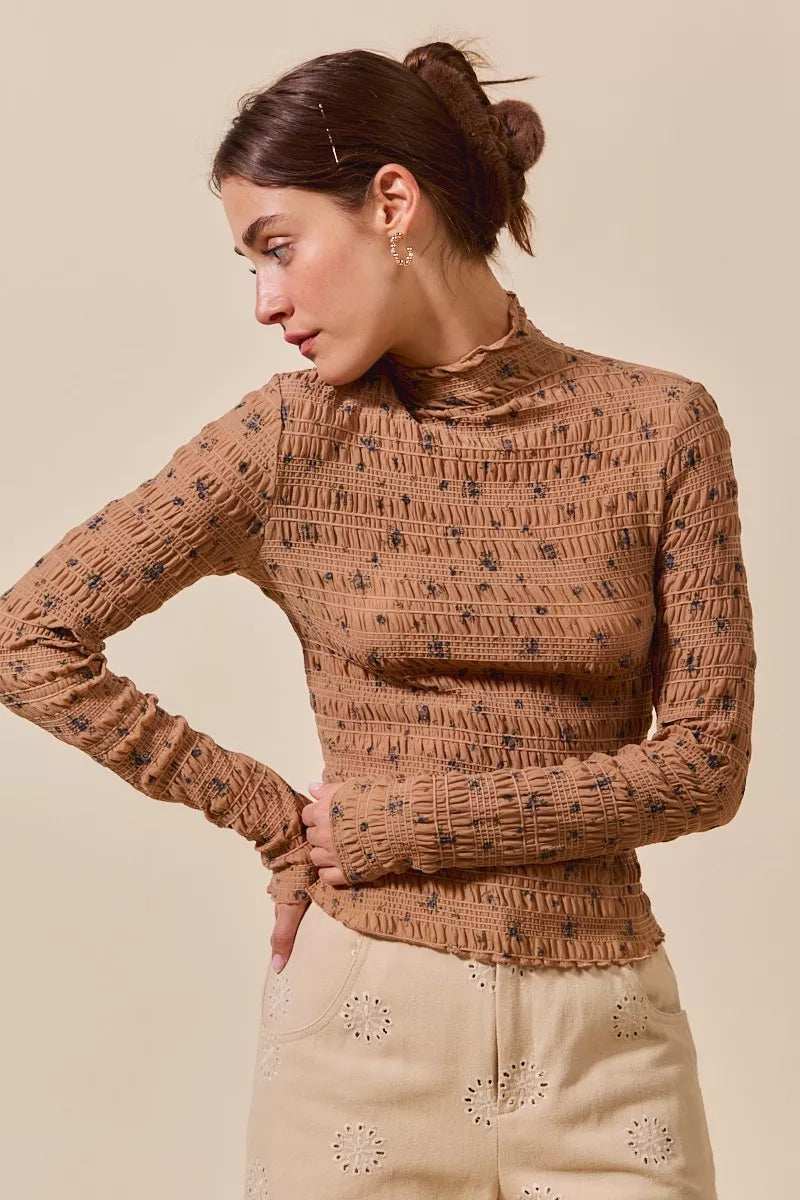 SO ME Floral Print Textured Long Sleeve Knit Top - Trendsi - Flyclothing LLC