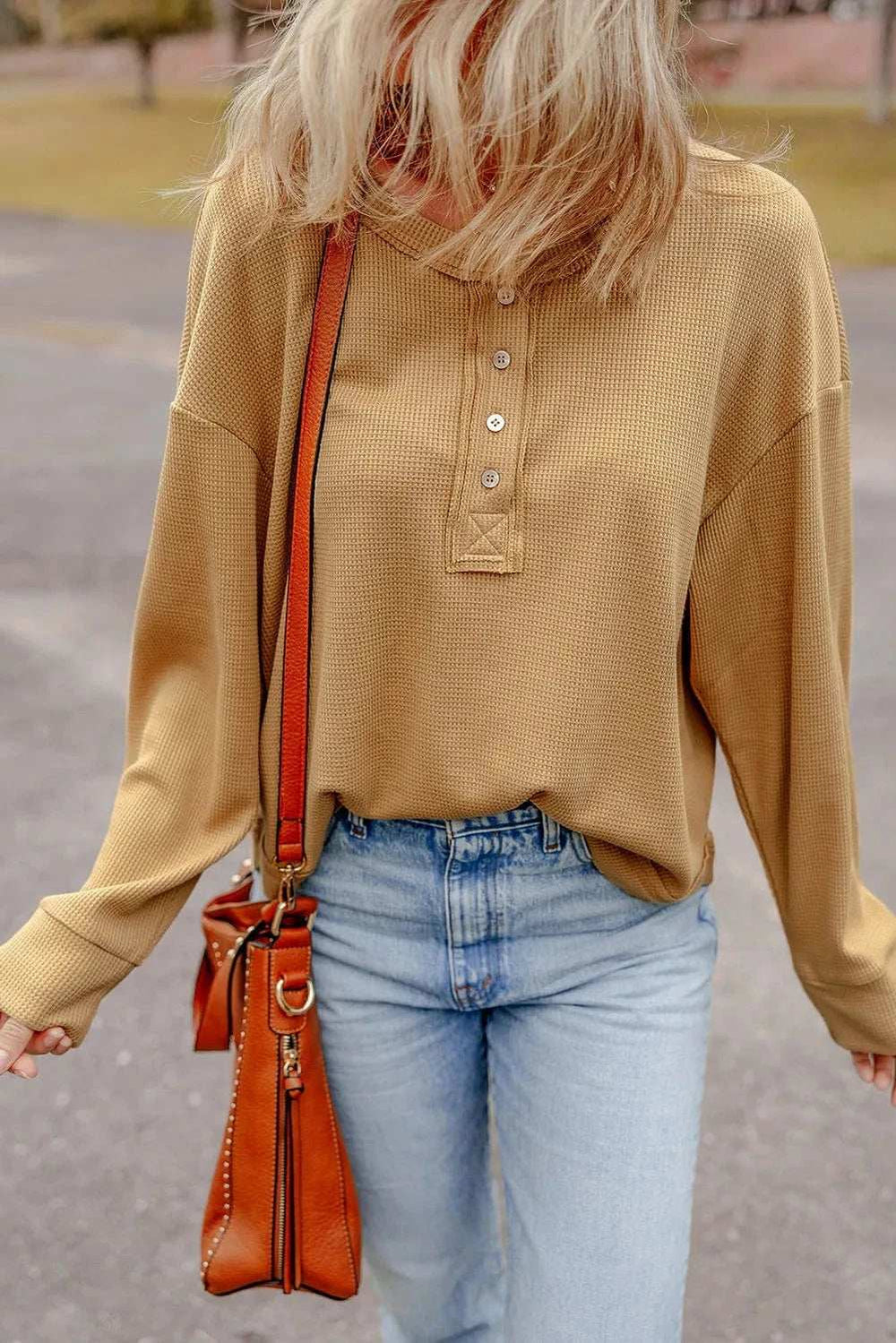 Waffle-Knit Half Button Round Neck Long Sleeve Top - Trendsi - Flyclothing LLC
