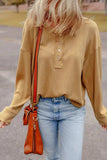 Waffle-Knit Half Button Round Neck Long Sleeve Top - Trendsi - Flyclothing LLC