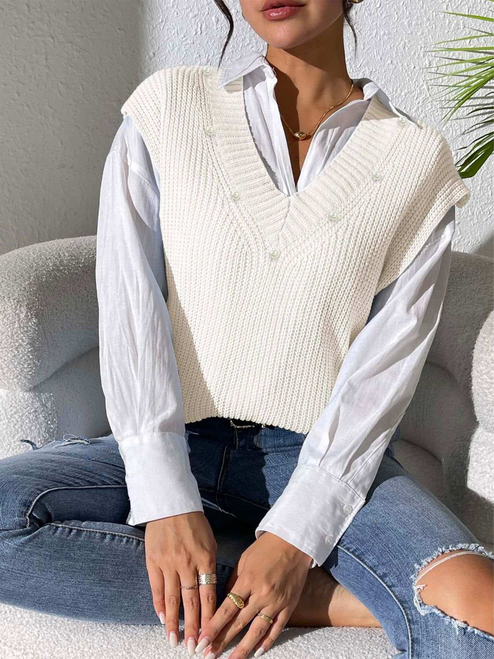 Pearl Trim V-Neck Sweater Vest - Trendsi - Flyclothing LLC