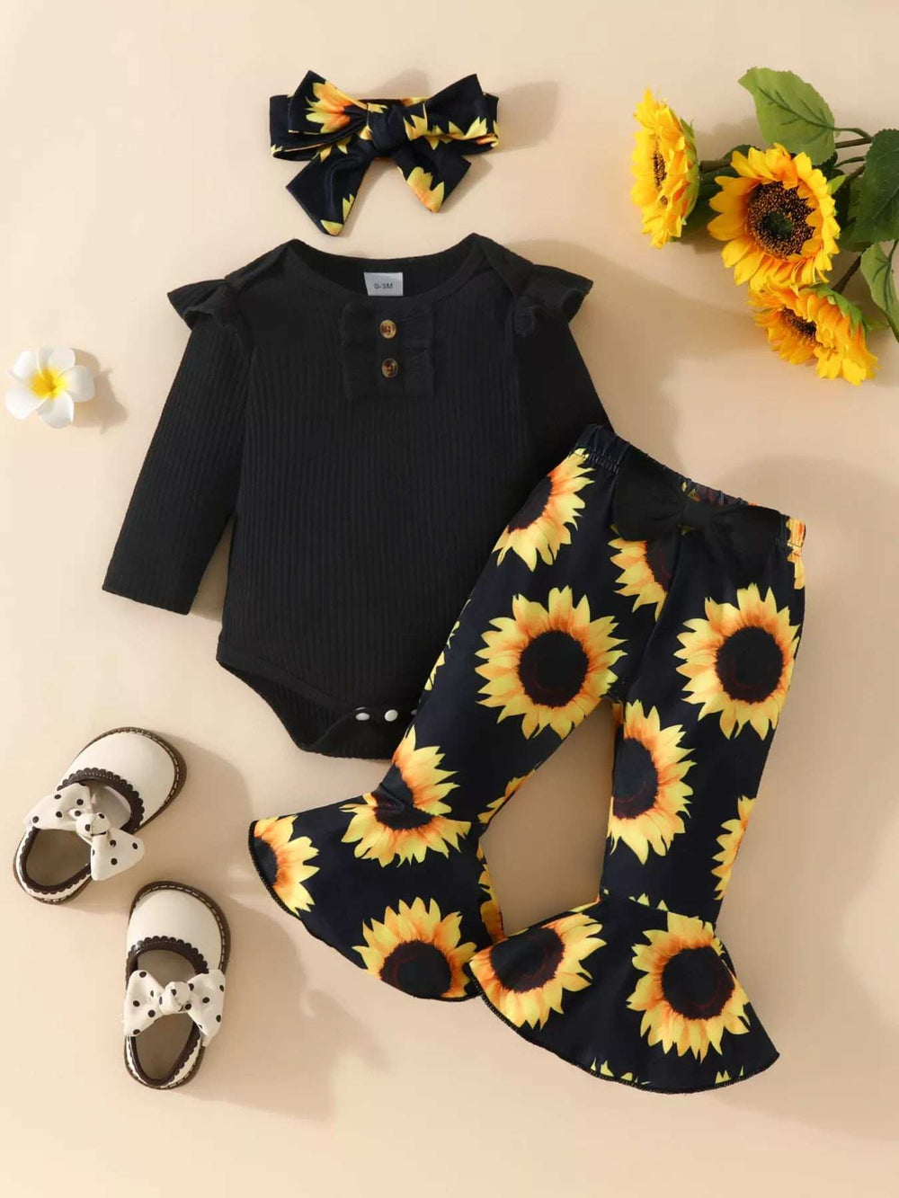 Children's Ruffled Ribbed Top and Sunflower Pants Set - Trendsi - Flyclothing LLC
