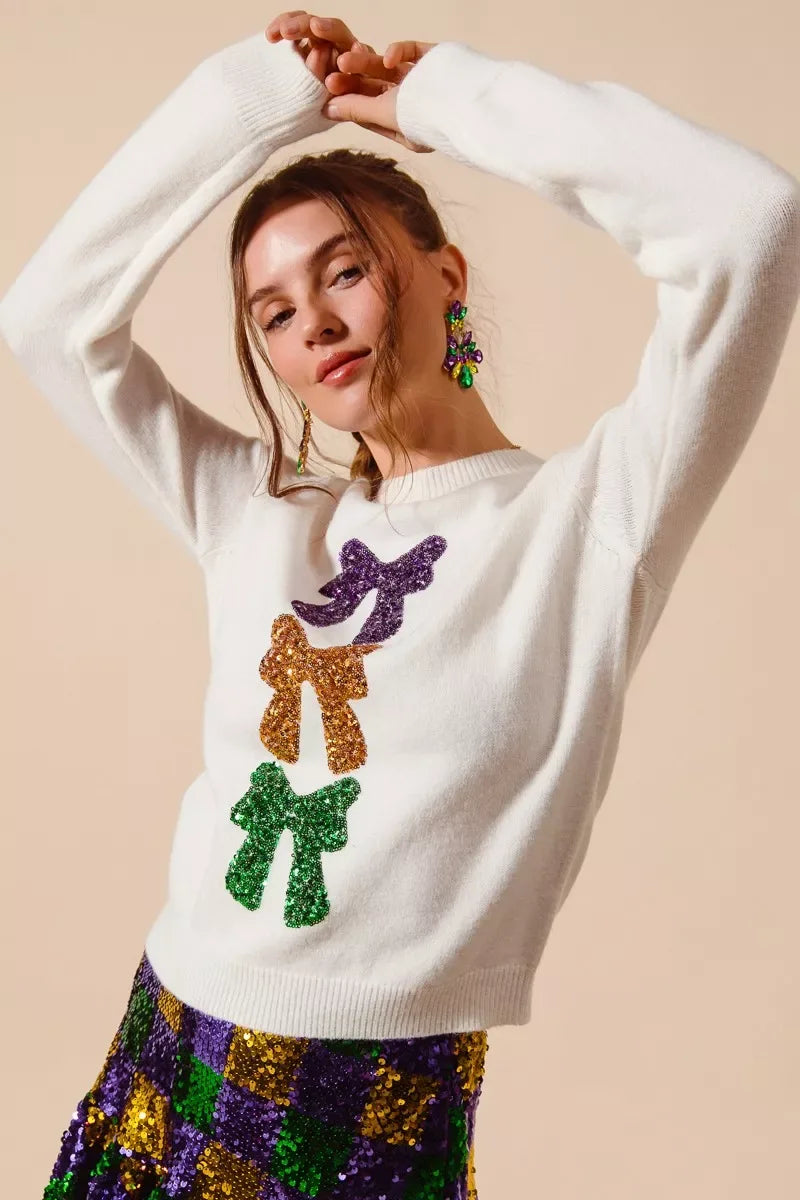 SO ME Mardi Gras Sequins Bow Ribbon Embellished Sweater - Trendsi - Flyclothing LLC