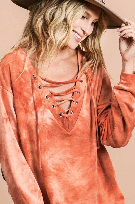 BiBi Lace-Up Tie-Dye French Terry Long Sleeve Top - Trendsi - Flyclothing LLC
