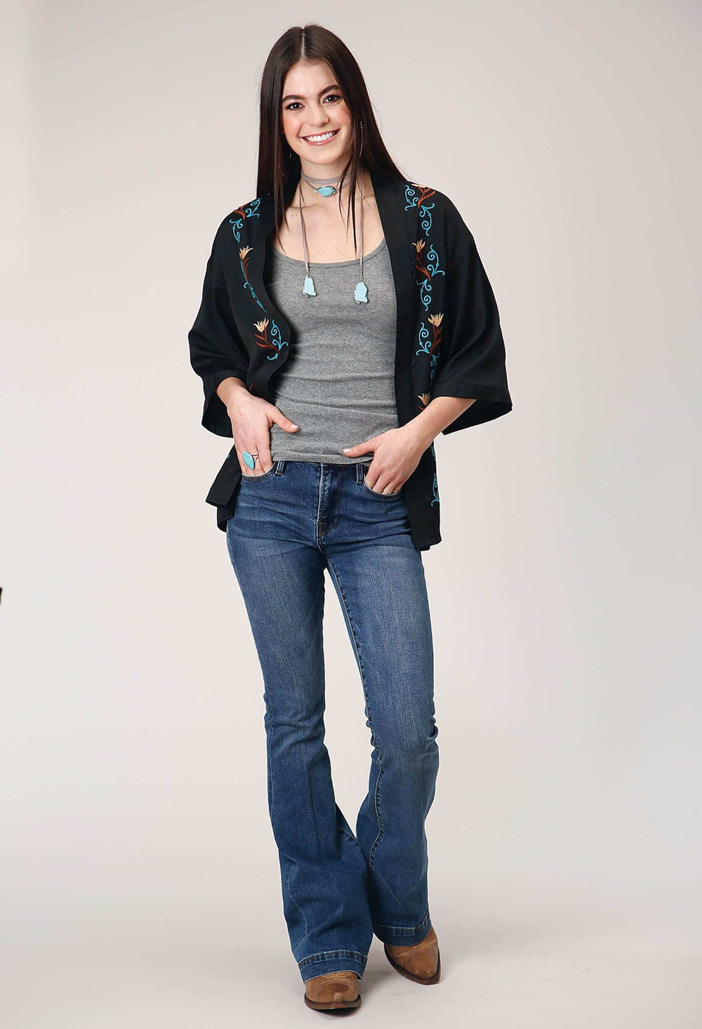 Roper Womens Long Sleeve Pullover Black Poly American Crepe Cardigan With Waist Length Embroidery - Roper - Flyclothing LLC