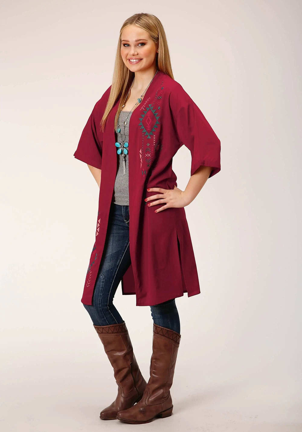 Roper Womens Solid Poly Wine Short Sleeve Cardigan - Roper - Flyclothing LLC