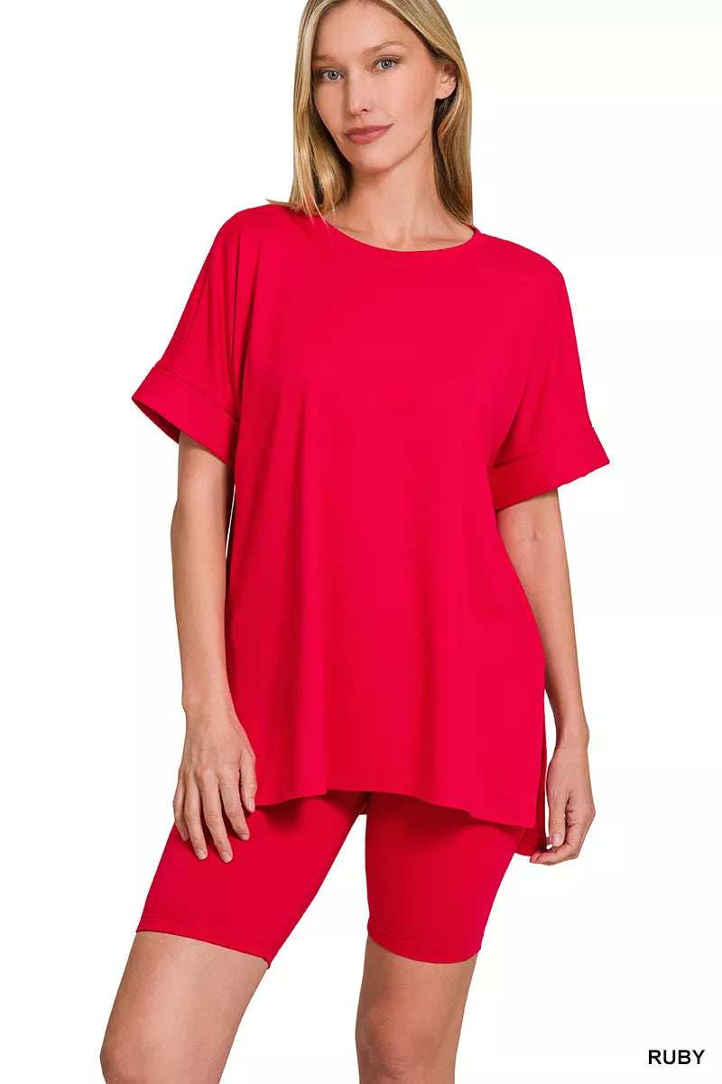 Zenana Full Size Brushed Dty Microfiber Round Neck Top and Biker Shorts Set Plus Size - Trendsi - Flyclothing LLC