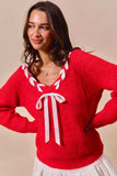 SO ME Satin Tape Braided Ribbon Tie V Neck Sweater - Trendsi - Flyclothing LLC