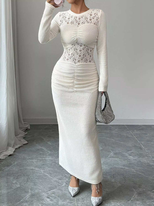 Lace Panel Ruched Bodycon Maxi Dress - Trendsi - Flyclothing LLC
