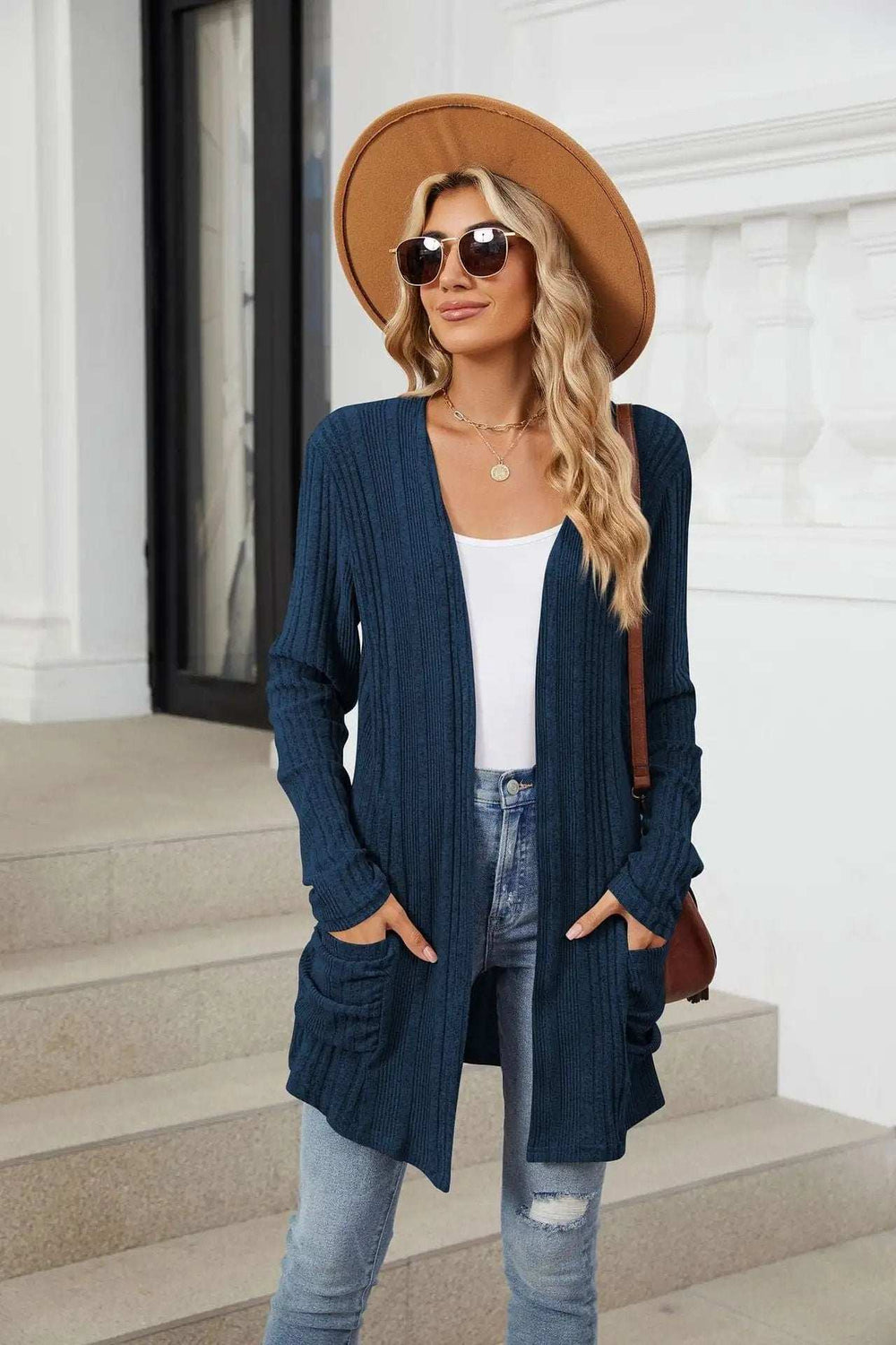 Pocketed Open Front Long Sleeve Cardigan - Trendsi - Flyclothing LLC