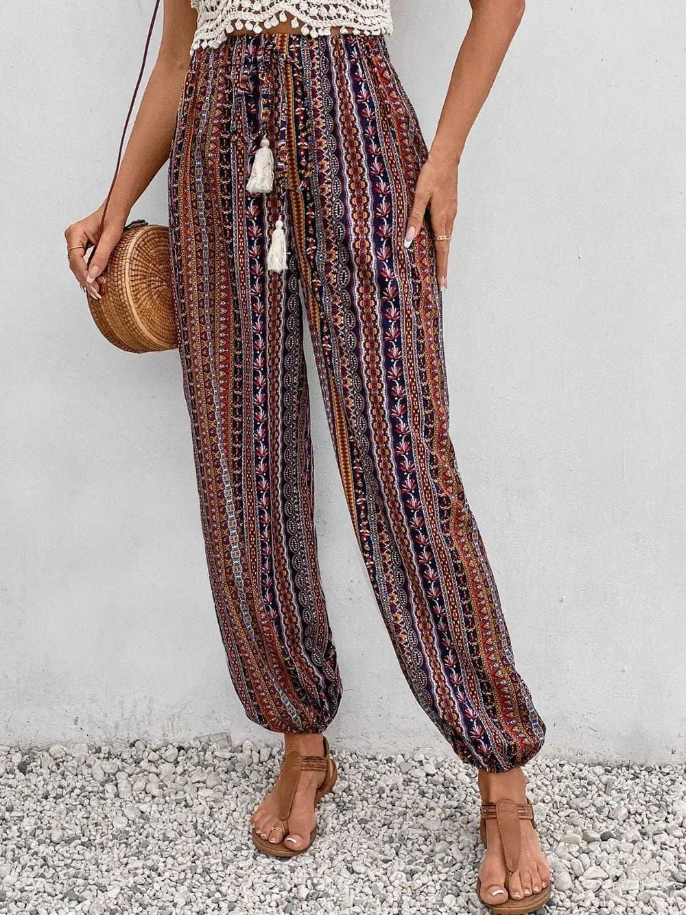 Tassel Printed High Waist Pants - Trendsi - Flyclothing LLC