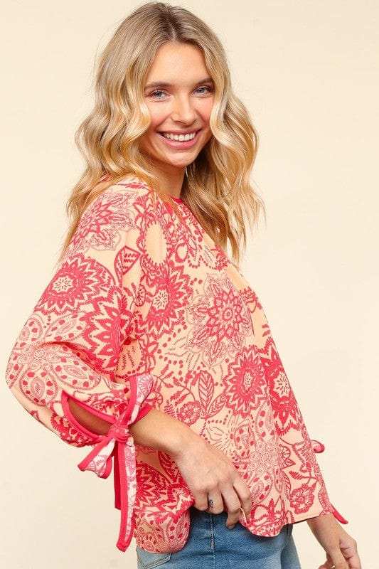 Haptics Ribbon Bow Detail Floral Round Neck Blouse - Trendsi - Flyclothing LLC