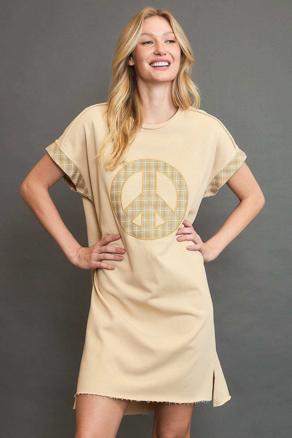 Umgee Peace Plaid Applique Short Sleeve Mini Dress - Trendsi - Flyclothing LLC