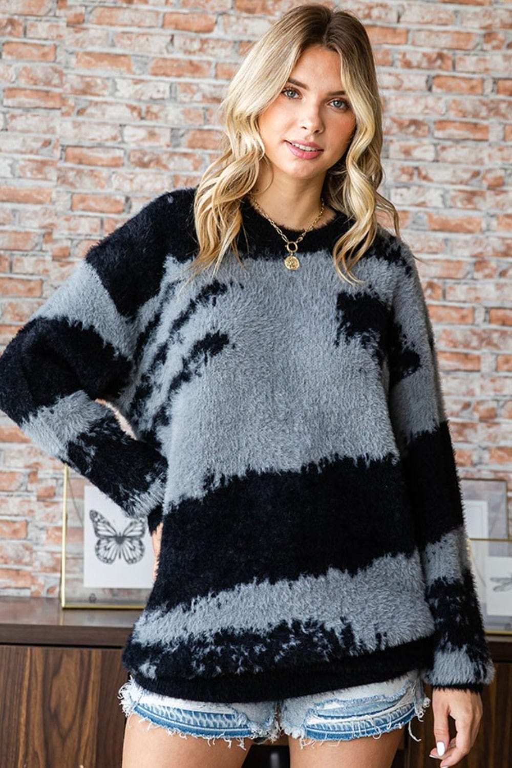 First Love Full Size Abstract Pattern Contrast Feather Yarn Sweater - Trendsi - Flyclothing LLC