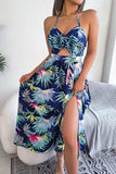 Botanical Print Tied Backless Cutout Slit Dress - Trendsi - Flyclothing LLC