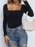 Square Neck Long Sleeve Bodysuit - Trendsi - Flyclothing LLC