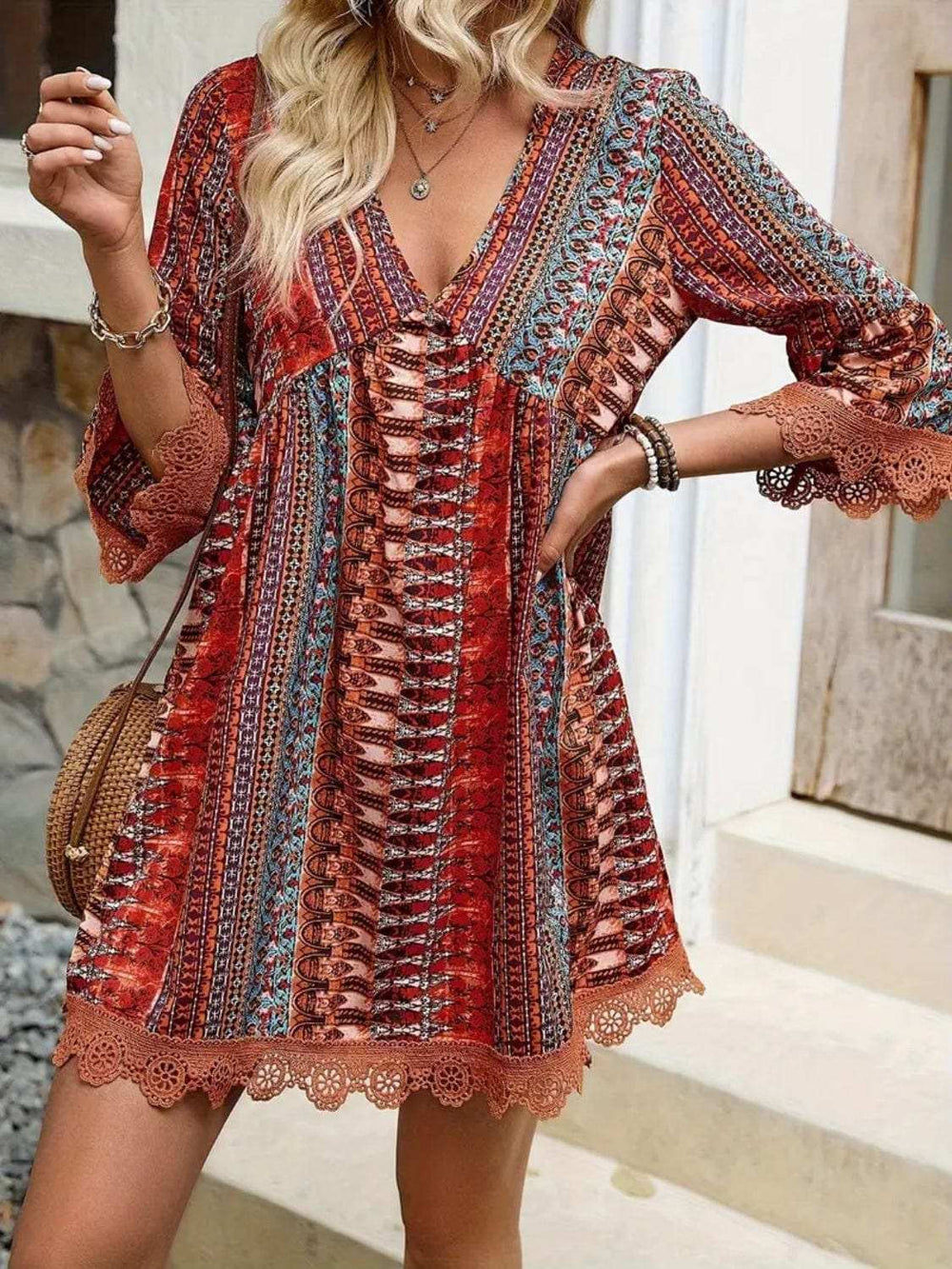 Lace Trim Printed V-Neck 3/4 Sleeve Dress - Trendsi - Flyclothing LLC