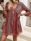 Lace Trim Printed V-Neck 3/4 Sleeve Dress - Trendsi - Flyclothing LLC