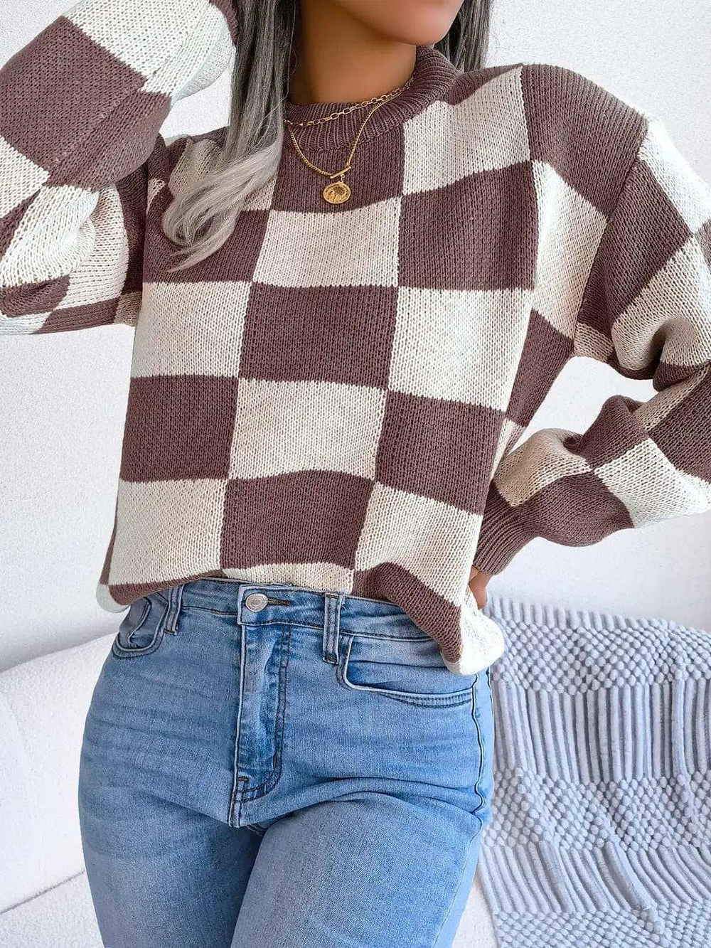 Checkered Mock Neck Long Sleeve Sweater - Trendsi - Flyclothing LLC