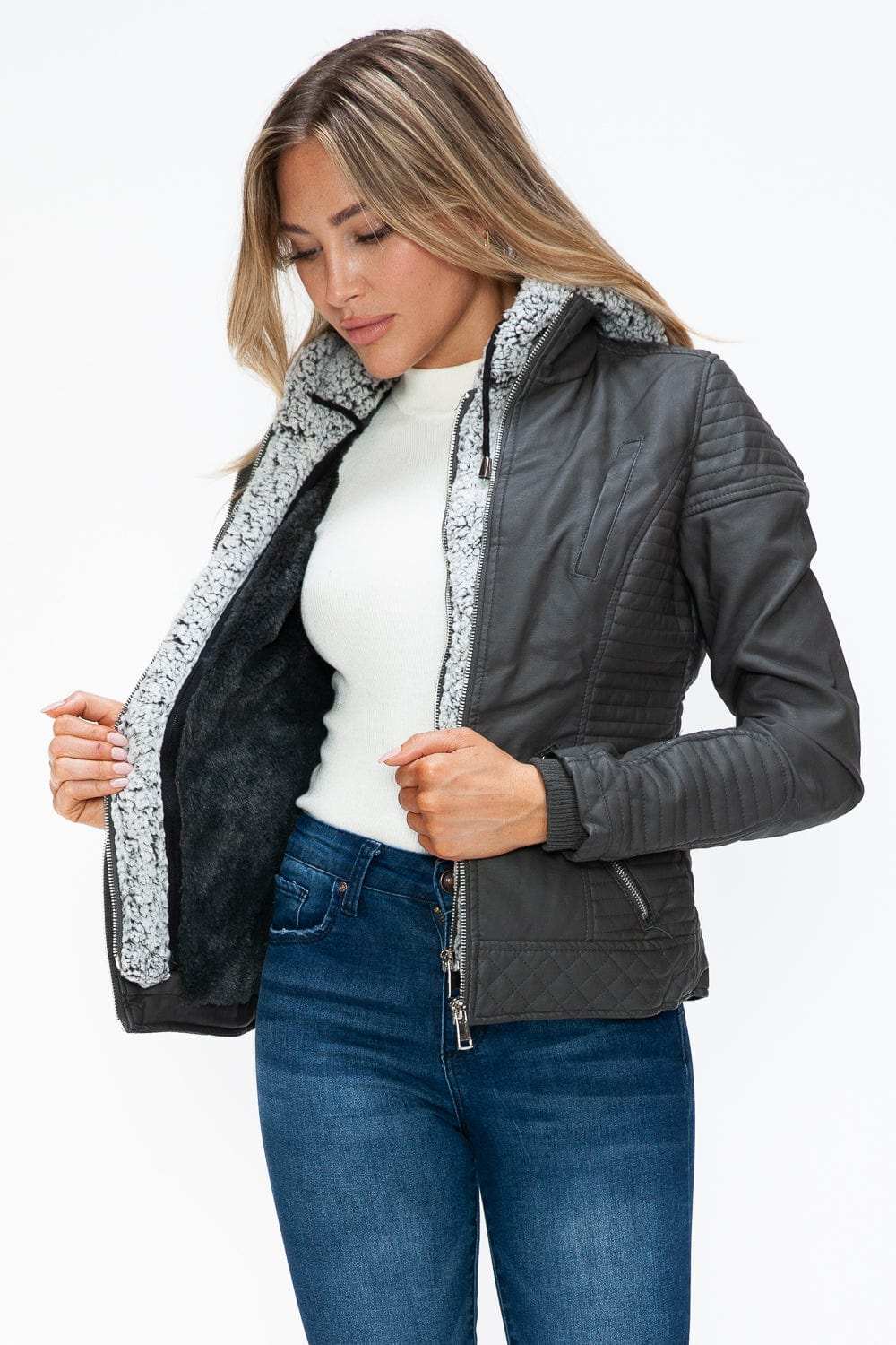 YMI Faux Layered Double-Zipper Jacket with Fuzzy Hood - Trendsi - Flyclothing LLC