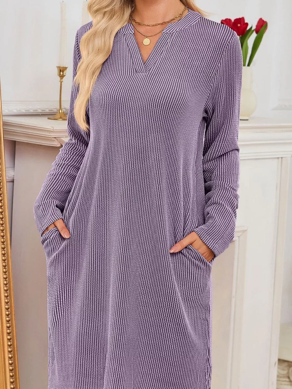 Casual Ribbed Knit Long Sleeve Dress - Trendsi - Flyclothing LLC