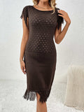 Fringe Openwork Boat Neck Knit Dress - Trendsi - Flyclothing LLC