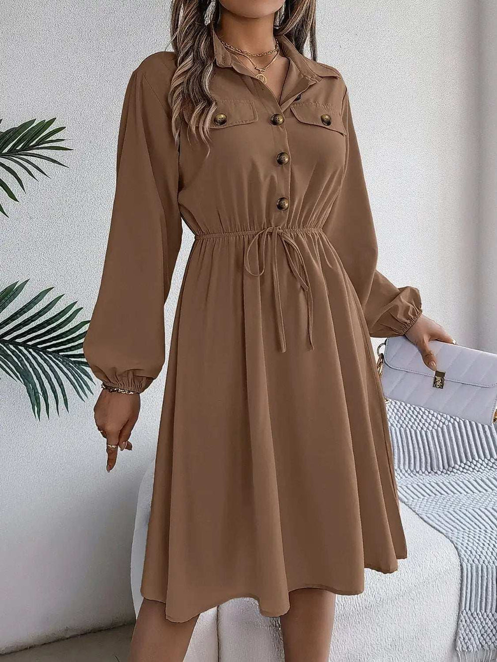 Collared Neck Long Sleeve Dress with Pockets - Trendsi - Flyclothing LLC