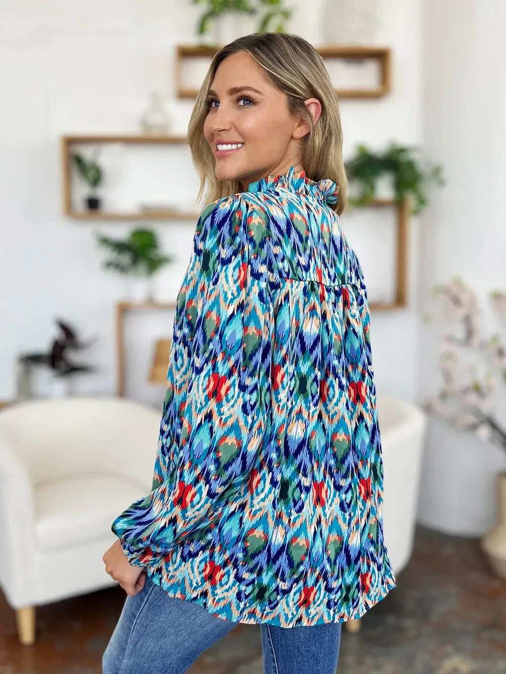 Double Take Full Size Printed Balloon Sleeve Blouse - Trendsi - Flyclothing LLC