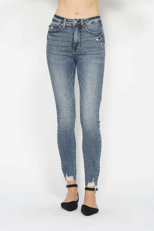 Judy Blue Full Size Tummy Control Vintage Wash Hem Destroy Skinny Jeans - Trendsi - Flyclothing LLC