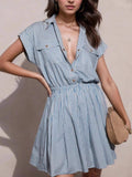 Hlaf Button Striped Cap Sleeve Mini Shirt Dress - Trendsi - Flyclothing LLC