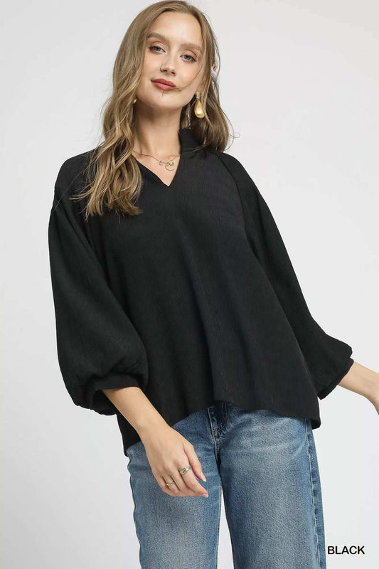 Umgee Textured V-Neck Blouse with Balloon Sleeves - Trendsi - Flyclothing LLC