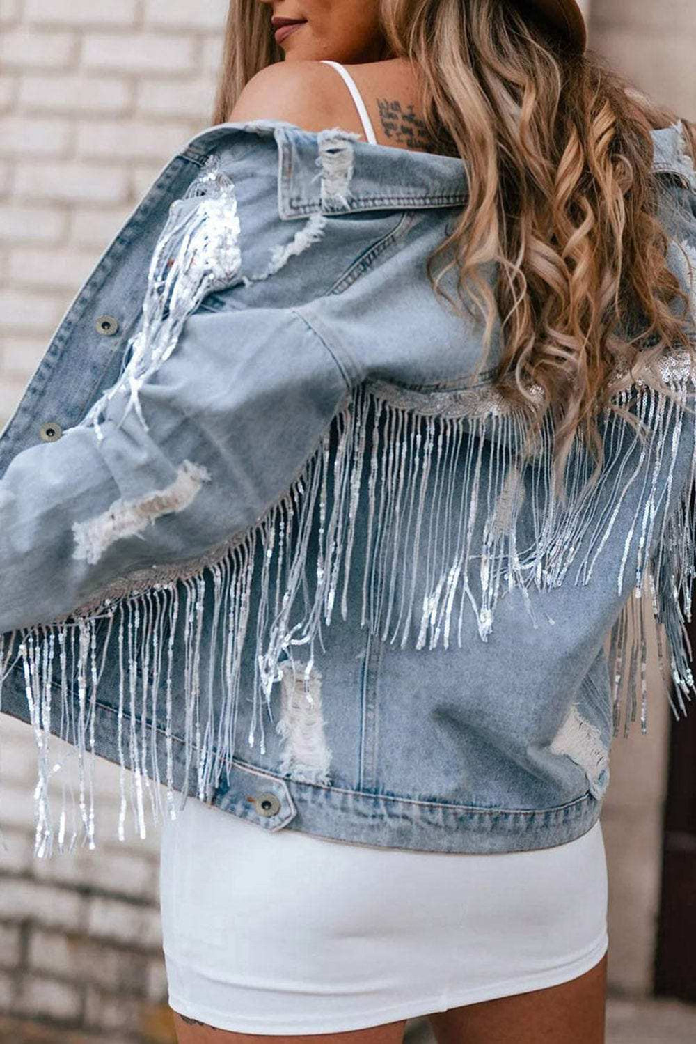 Sequin Fringe Trim Distressed Button Up Denim Jacket - Trendsi - Flyclothing LLC