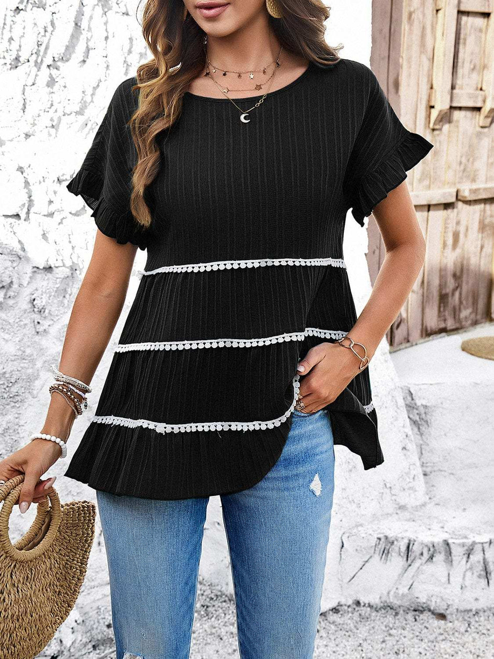 Round Neck Flounce Sleeve Blouse - Trendsi - Flyclothing LLC