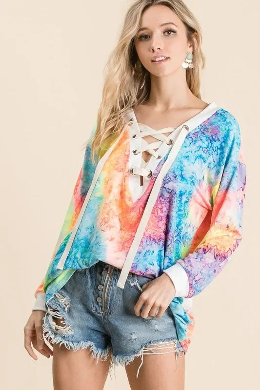 BiBi Tie Dye Deep V-neck Top With Lace Up Front - Trendsi - Flyclothing LLC