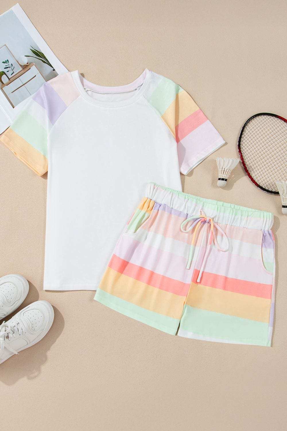 Rainbow Striped Round Neck T Shirt and Shorts Lounge Set - Trendsi - Flyclothing LLC