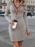 Contrast Detail V-Neck Long Sleeve Dress - Trendsi - Flyclothing LLC