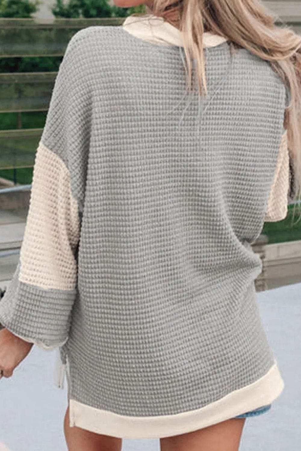 Color Block Collared Neck Long Sleeve Top - Trendsi - Flyclothing LLC