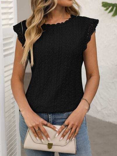 Lace Detail Round Neck Cap Sleeve Top - Trendsi - Flyclothing LLC