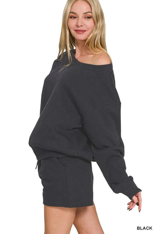 Zenana Fleece Boat Neck Sweatshirt and Shorts Set - Trendsi - Flyclothing LLC