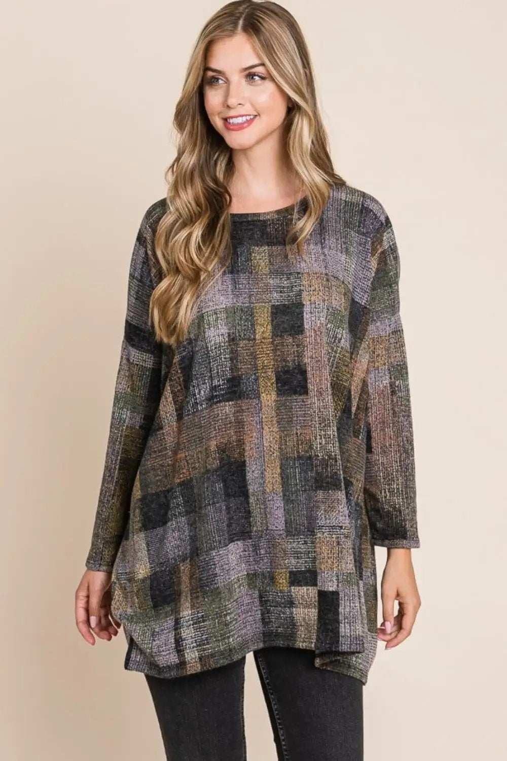 BOMBOM Plaid Round Neck Long Sleeve Top - Trendsi - Flyclothing LLC