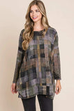 BOMBOM Plaid Round Neck Long Sleeve Top - Trendsi - Flyclothing LLC
