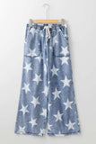 Star Print Washed Drawstring High Waist Wide Leg Jeans - Trendsi - Flyclothing LLC